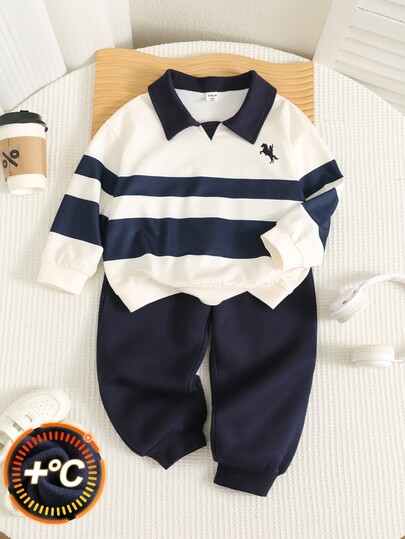 SHEIN 2pcs/Set Young Boys Casual Comfortable Versatile Solid Color Collared Long Sleeve Sweatshirt & Long Pants Tracksuit, Brushed Brushed Thick Fabric, School Clothes
