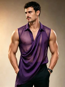 ZURIURI Men's Summer Casual Vacation Sheer Sexy Fashion Sleeveless Tank Top Shirt - Purple - View 4