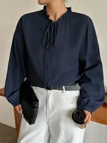 Dazy Plus Solid Color Casual Lantern Sleeve Small Stand Collar Loose Fit Fun Commute Spring Autumn New Long Sleeve Blouse - Navy Blue - View 5