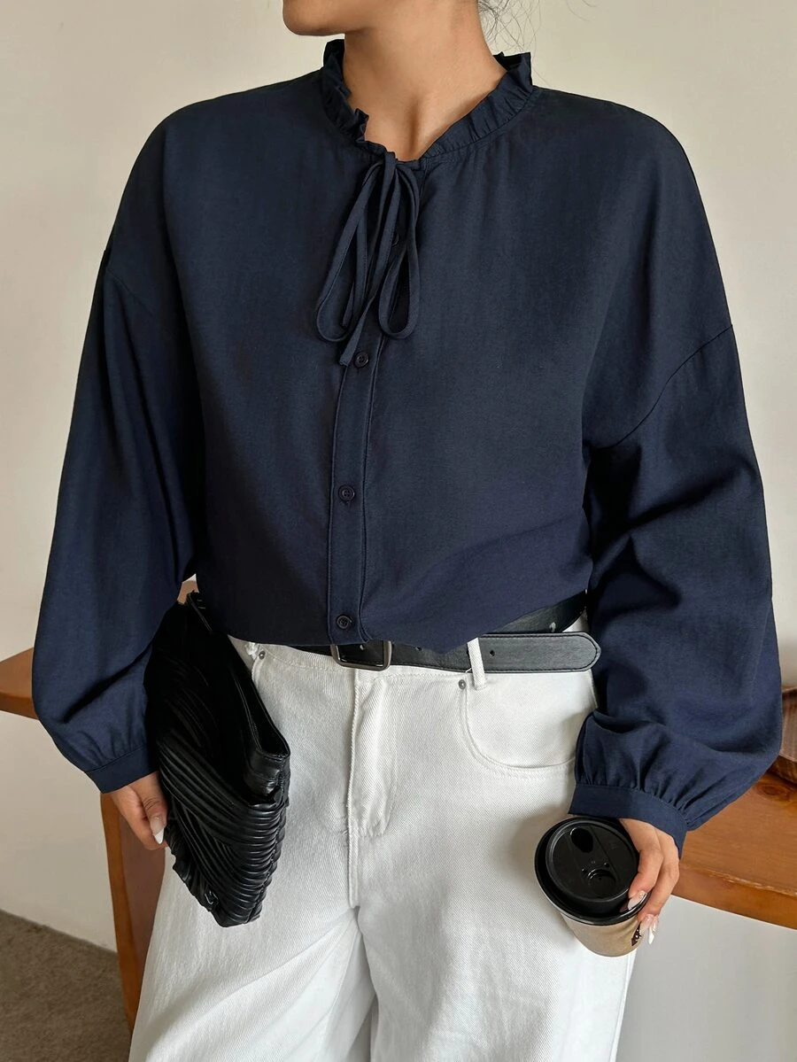 Dazy Plus Solid Color Casual Lantern Sleeve Small Stand Collar Loose Fit Fun Commute Spring Autumn New Long Sleeve Blouse - Navy Blue - View 1