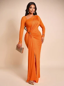 Brilight Mature Elegant Dress Long Sleeve Waist Twist Ruched Metal Buckle Draped Slit Formal Gown Wedding Dinner Cocktail Halloween Burnt Orange Fall - Orange - View 4