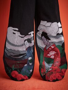ROMWE MEN Street Life 男士休閒水洗刺繡寬腿牛仔褲 - 黑色 - 查看 2