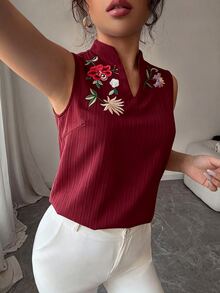 SHEIN 女款無袖優雅休閒刺繡純色襯衫，適合工作與休閒，春/夏 - 酒紅色 - 查看 6