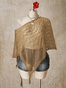 SHEIN ICON 女款大尺碼不對稱下擺不對稱肩帶流蘇針織上衣 - 卡其色 - 查看 1