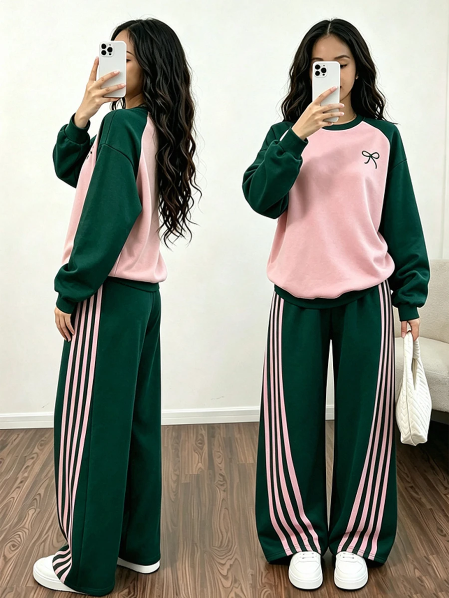 Sparklyn 青少年女孩粉色與酒紅色拼接落肩袖圓領運動衫與側條紋寬腿運動褲 2 件套,蝴蝶結印花休閒運動套裝 - 綠色 - 查看 1