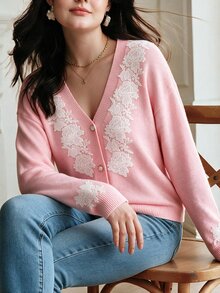 Easura Plus Size Gentle Style Lace Patchwork V-Neck Cardigan Winter - Pink - View 8