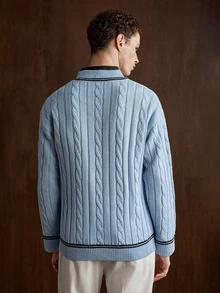 Manfinity CityGents 男士復古粗針編織V領長袖百搭毛衣 - 藍色 - 查看 2