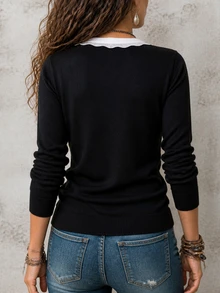SHEIN Women's Contrast Color V-Neck Long Sleeve Casual Versatile Sweater - Black - View 2