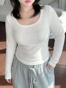 Dazy Plus Solid Color Small Square Neck Korean Style Versatile Long Sleeve White T-Shirt - White - View 4