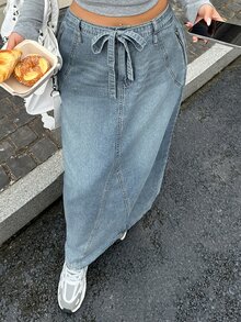 Dazy Plus Autumn High Waist Drawstring Light Blue Washed Slim Straight Long Denim Skirt - Medium Wash - View 5