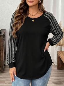 Comfylo Striped Plus Size Women's Casual Raglan Sleeve Round Neck Loose Fit T-Shirt Suitable For Spring And Autumn - Multicolor - View 4