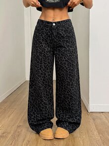 SHEIN PETITE 女款豹紋印花口袋寬腿寬鬆休閒百搭牛仔褲 - 彩色 - 查看 5