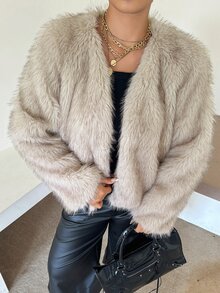 Dazy Plus Solid Color V-Neck Thick Elegant Autumn/Winter New Faux Fur Coat - Apricot - View 6