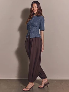 COSMINA Denim Women's Casual Commute Waist-Cinching Denim Top - Dusty Blue - View 3