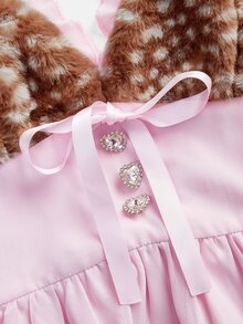 ROMWE Autumn/Winter Y2K Faux Fur & Chiffon Patchwork Deer Chest Design Spaghetti Strap Mini A-Line Skirt Waist Elastic Shirred Women's Short Dress - Pink - View 3