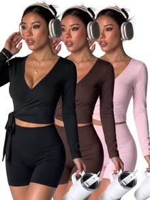 SHEIN Velisys Spring/Summer Girls Fashion Hot-Selling Solid Color 3 Pieces Set Sports Long Sleeve Tank Top T-Shirt - Multicolor - View 1