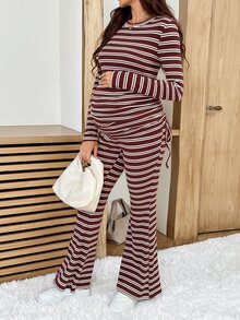 SHEIN Setelan Hamil Musim Gugur Kasual Bergaris Atasan dan Celana dengan Tali Serut Samping 2 Potong - Burgundy - View 6