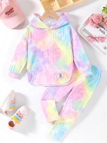 Elladie kids 女童新款彩虹印花連帽長袖上衣與鬆緊腰休閒羅紋針織長褲兩件套，春秋款 - 彩色 - 查看 3