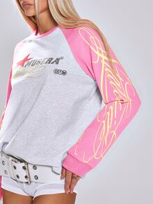 MUSERA 圖案印花插肩袖對比色寬鬆圓領長袖上衣，可愛返校日常度假休閒學院風 - 彩色 - 查看 5