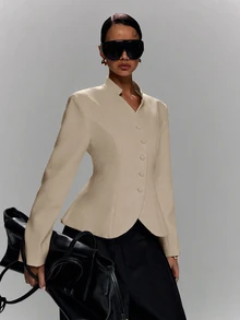 LYSMO Women's Solid Color Long Sleeve Single-Breasted Casual Blazer - Khaki - View 9