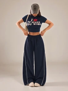 SHEIN PETITE Women's Autumn/Winter Street Style Vintage Holiday Outing Back To School Basic Black Wide Leg Pants, Essential For Daily Wear - Navy Blue - View 7