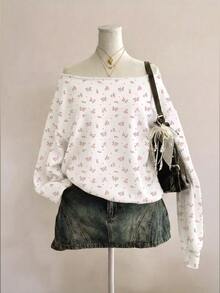 SHEIN EZwear 女款花卉露肩長袖寬鬆休閒衛衣 - 彩色 - 查看 4
