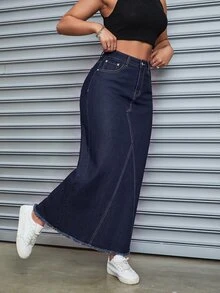 SHEIN Tall Casual Washed Raw Edge Denim Skirt - Dark Wash - View 1