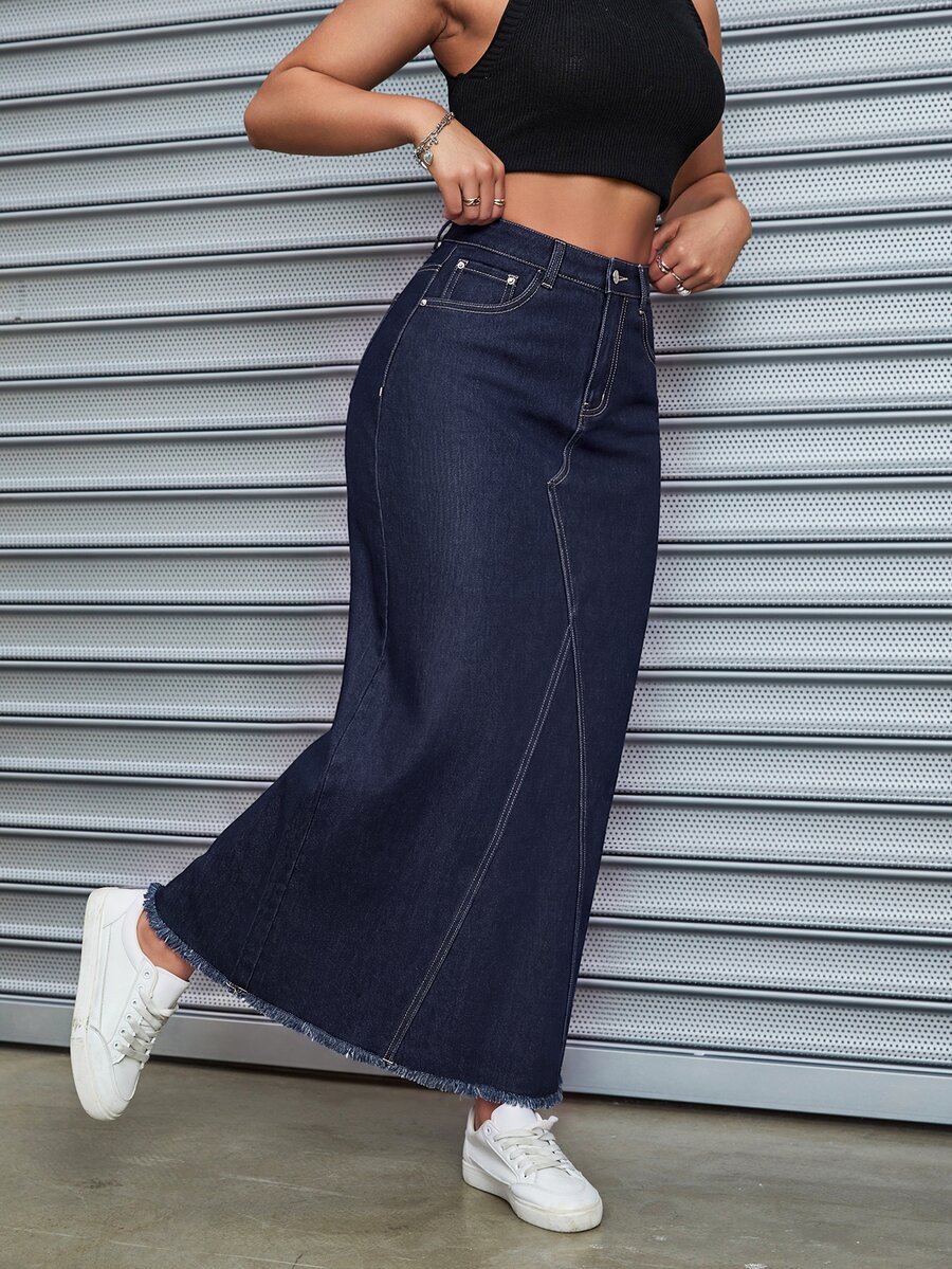 SHEIN Tall Casual Washed Raw Edge Denim Skirt - Dark Wash - View 1