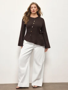 Maija Plus Size Women's Button Design Round Neck Flared Sleeve Fashion Blouse - Brown - View 2