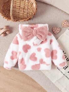 SHEIN 新生女嬰秋冬可愛百搭愛心毛絨連帽外套 - 粉色 - 查看 2