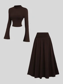 Sweetra Women's New Spring Summer Autumn Winter Outfit Half-High Neck Solid Color Top And Ruched Waist Skirt Set, Suitable For Travel, Commuting, Shopping, Dating, Dining, Versatile 2-Piece Set - Brown - View 1