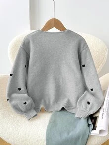 SHEIN 青少年女孩寬鬆休閒簡約舒適圓領長袖繫帶蝴蝶結波點開襟衫返校穿搭 - 灰色 - 查看 2