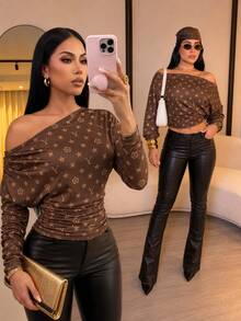 SOLERSUN Women's Brown Monogram Print Off Shoulder Long Sleeve TopRuched Slim Fit Tee With Stretch Fabric - Brown - View 6