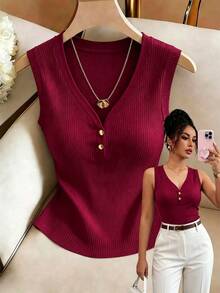 Franclia Women's Plus Size V-Neck Tank Top With Button Decor, Suitable For Commuting, Casual, Home And Dating - Burgundy - View 1