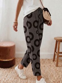 SHEIN Holidaya Women's Waist Tie Pocket Round Pattern Casual Tapered Pants - Grey - View 4