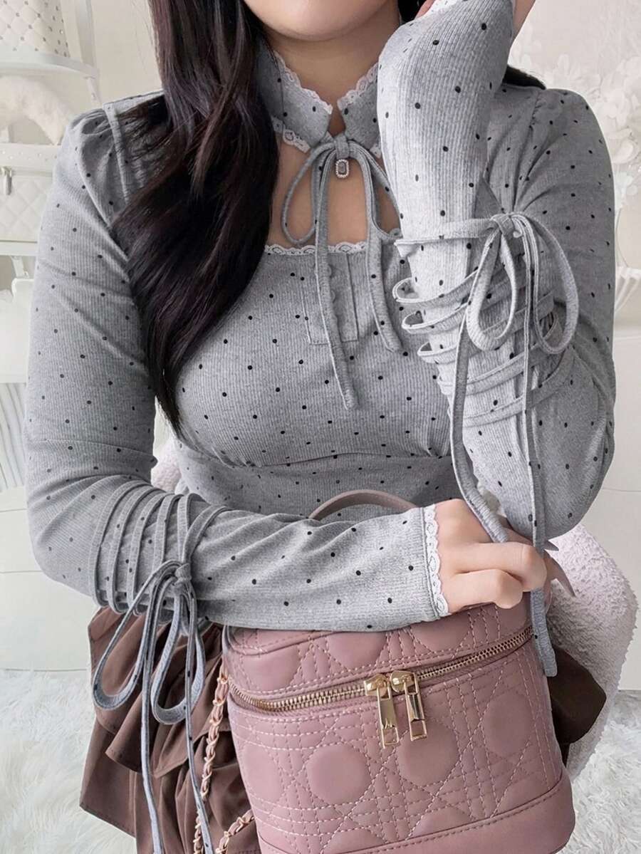 Dazy Plus Korean Style Fitted Polka Dot Pure Desire Halter Neck Tie Long Sleeve Sexy Top T-Shirt Fall - Grey - View 1