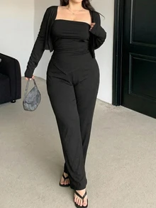Dazy Plus Setelan 3 Potong Jaket Kardigan Bandeau Pas Badan Warna Polos dan Celana Panjang, Setelan 2 Potong Baru Musim Semi/Gugur - Hitam - View 3