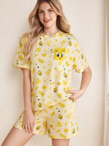 LOONEY TUNES X SHEIN Women's Round Neck Short Sleeve Top And Shorts Pajama Set - Yellow - View 3