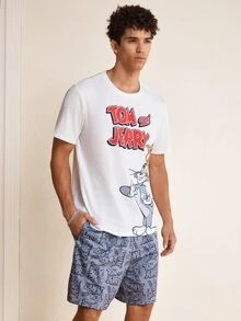 TOM & JERRY X SHEIN Men's Cartoon Print Short Sleeve T-Shirt And Pocket Shorts Set - White - View 4