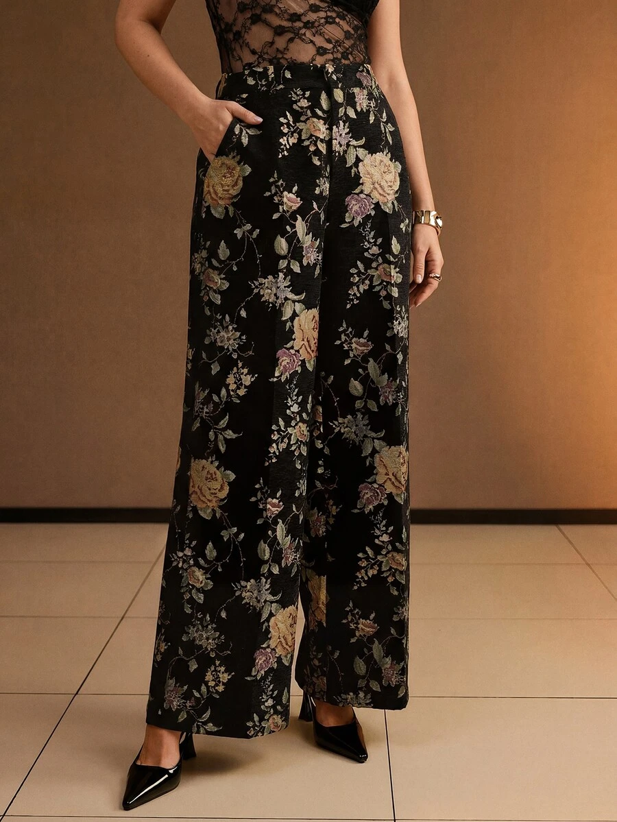 MOTF PREMIUM WOMEN'S PLUS SIZE FLORAL PATTERN WIDE LEG SUIT PANTS - Multicolor - View 1