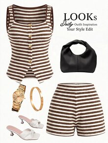 Lavishia Women's Striped Metallic Single-Breasted Vest And Shorts Casual 2 Pieces Set - Multicolor - View 6