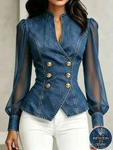Balvessa Women's Double-Breasted Denim Effect Mesh Long Sleeve Elegant Blouse - Blue - View 1