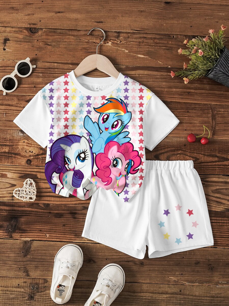 My Little Pony X SHEIN 女童卡通印花T恤短褲套裝 - 白色 - 查看 1