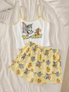 TOM & JERRY X SHEIN طقم بيجامة نسائي بطبعة كرتونية مكون من توب كاميسول وشورت - أصفر - مشاهدة 1