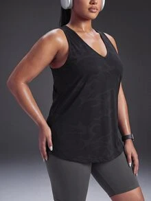 Powerista Women's Plus Size Double Layer Loose Back Sports Tank Top Breathable Soft Fabric Casual Curve Alternative Tropical Black Workout Summer Gym - Black - View 2