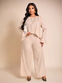 Brilight Gathered Neck Flare Sleeve Cropped Top High Waist Wide Leg Pants For Vacation Brunch Daily Outfit - Apricot - View 3