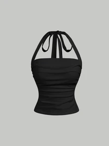 SHEIN MOD 3件組花卉印花與純色掛脖背心上衣 - 藍色 - 查看 8
