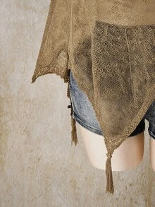SHEIN ICON 女款大尺碼不對稱下擺不對稱肩帶流蘇針織上衣 - 卡其色 - 查看 7
