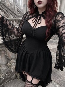 Whyspr Plus Size Autumn/Winter Punk Lace Bell Sleeve Jacket And Asymmetrical Hem Dress 2 Pieces Set - Black - View 6
