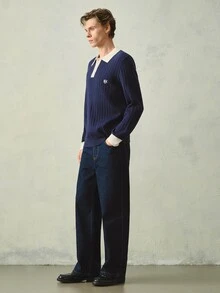 RONVEXI 男士緹花半開襟鈕扣長袖針織衫 - 黑色 - 查看 7